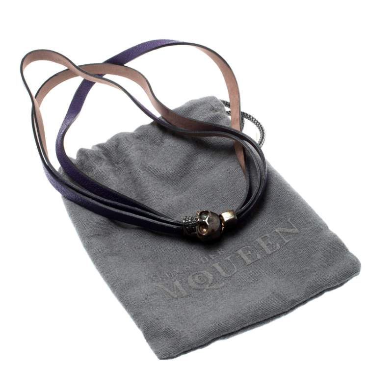 Pre Owned Alexander McQueen Purple Triple Strand Leather Skull Choker Necklace