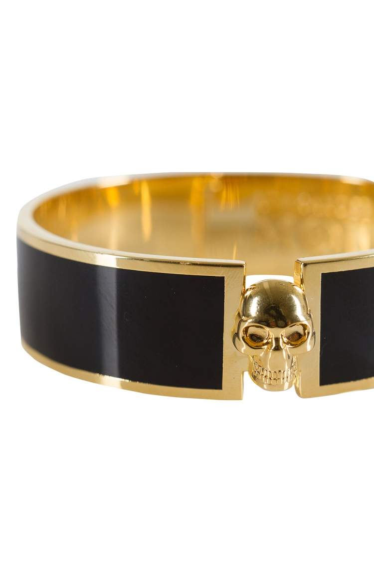Pre Owned Alexander McQueen Skull Black Resin Gold Tone Wide Bracelet