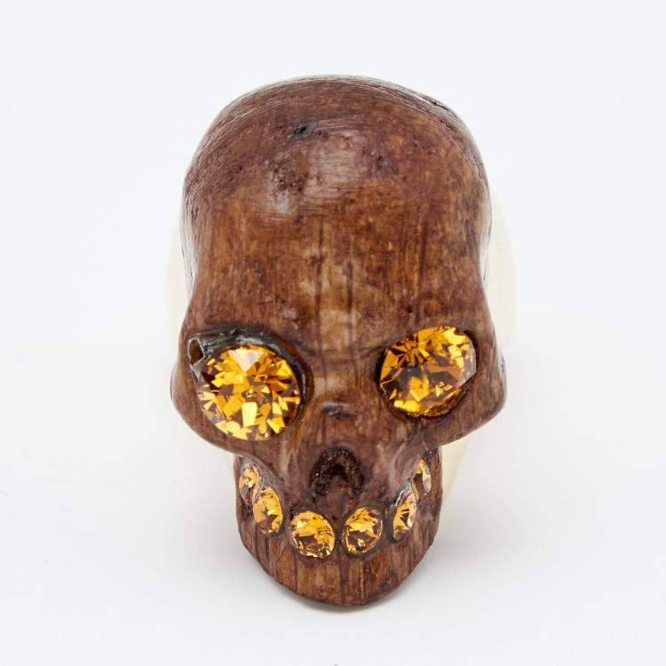 Pre Owned Alexander McQueen Brown Wooden Skull Crystal Studded Gold Tone Ring Size 53
