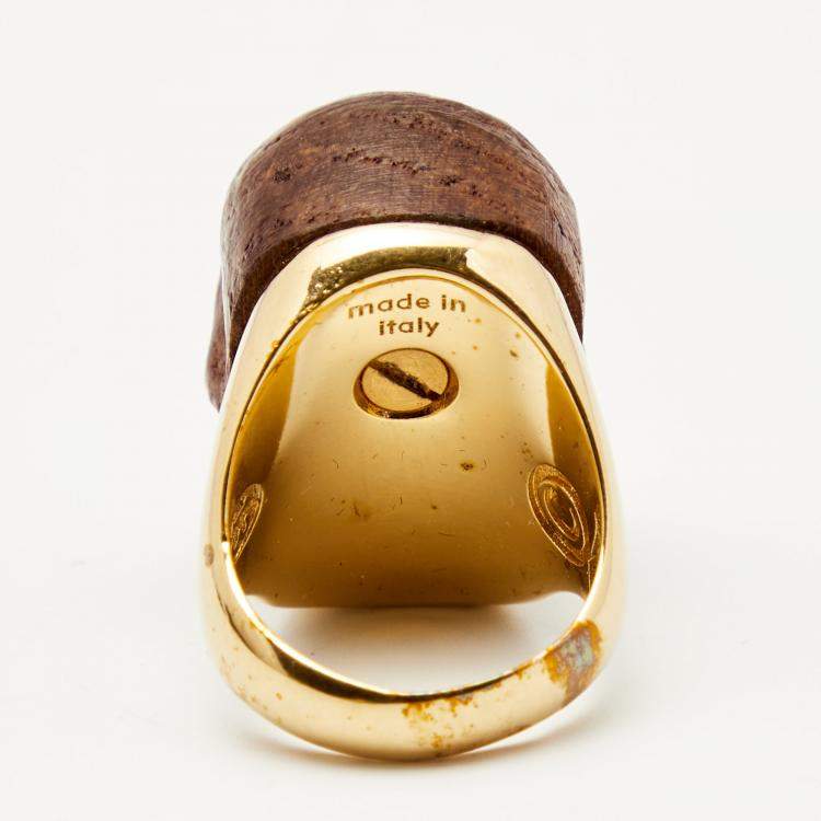 Pre Owned Alexander McQueen Brown Wooden Skull Crystal Studded Gold Tone Ring Size 53