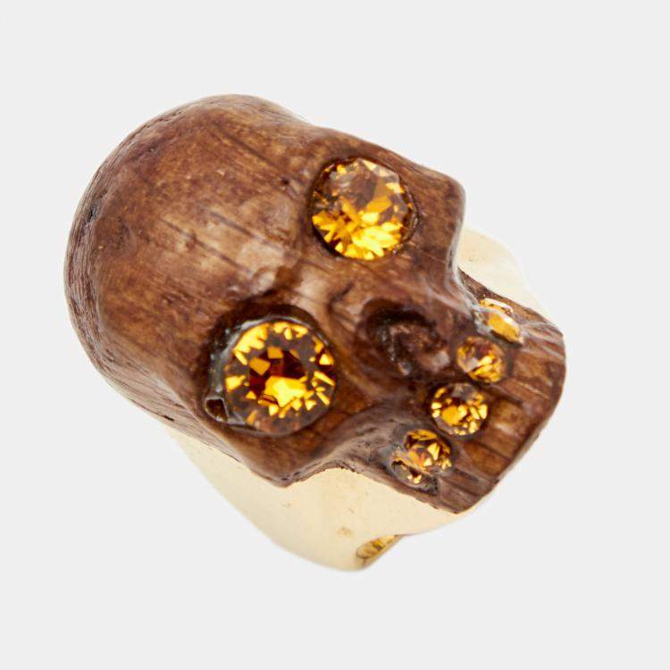 Pre Owned Alexander McQueen Brown Wooden Skull Crystal Studded Gold Tone Ring Size 53