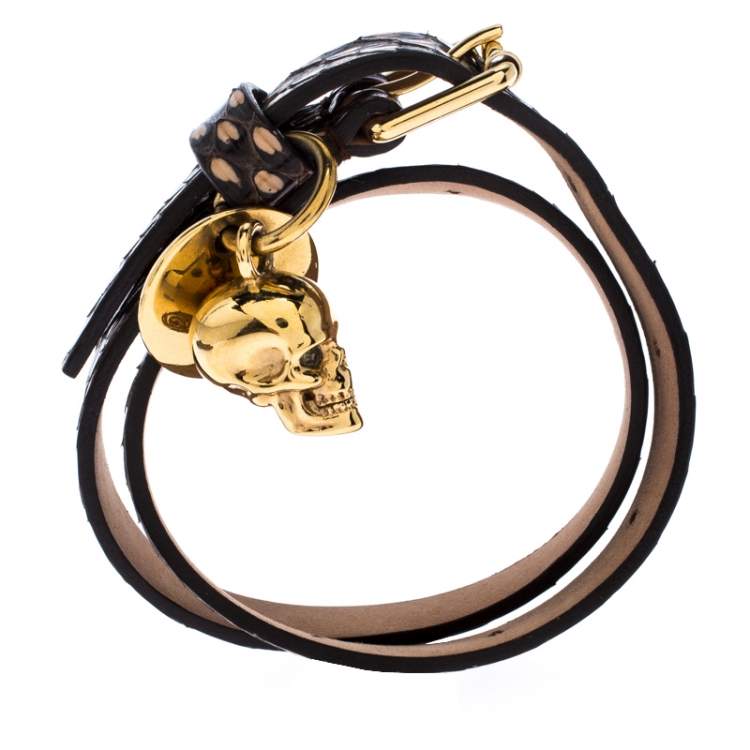 Pre Owned Alexander McQueen Snakeskin Leather Gold Tone Skull Charm Wrap Bracelet