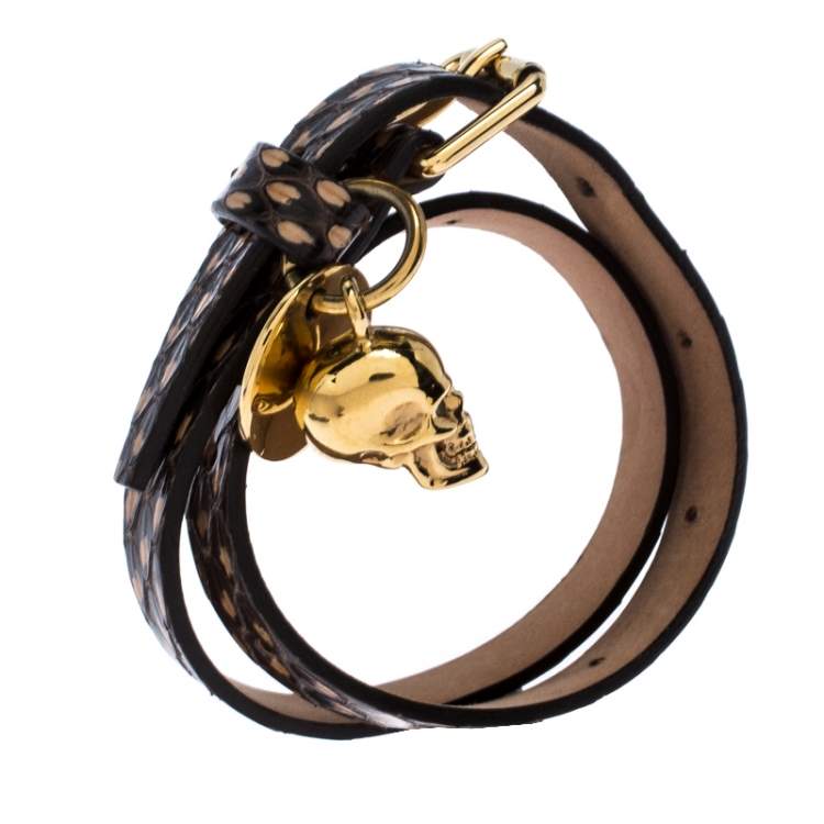 Pre Owned Alexander McQueen Snakeskin Leather Gold Tone Skull Charm Wrap Bracelet
