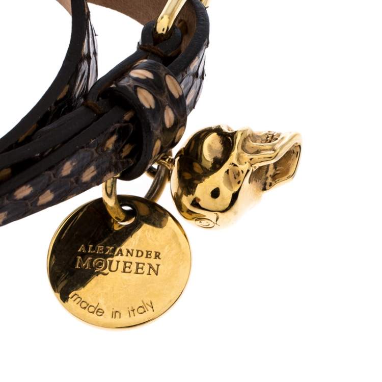 Pre Owned Alexander McQueen Snakeskin Leather Gold Tone Skull Charm Wrap Bracelet
