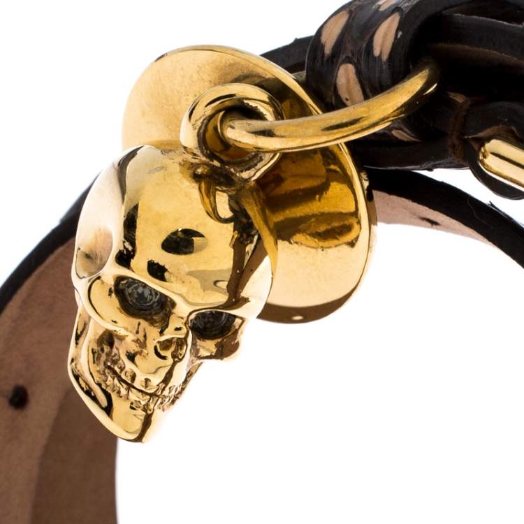 Pre Owned Alexander McQueen Snakeskin Leather Gold Tone Skull Charm Wrap Bracelet