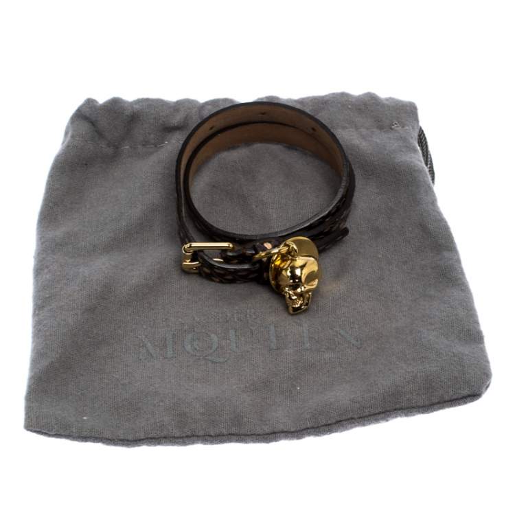 Pre Owned Alexander McQueen Snakeskin Leather Gold Tone Skull Charm Wrap Bracelet