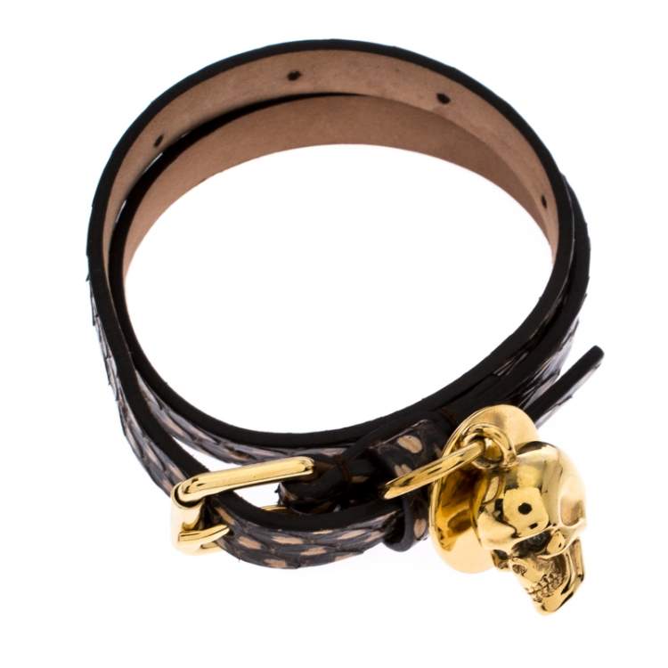 Pre Owned Alexander McQueen Snakeskin Leather Gold Tone Skull Charm Wrap Bracelet