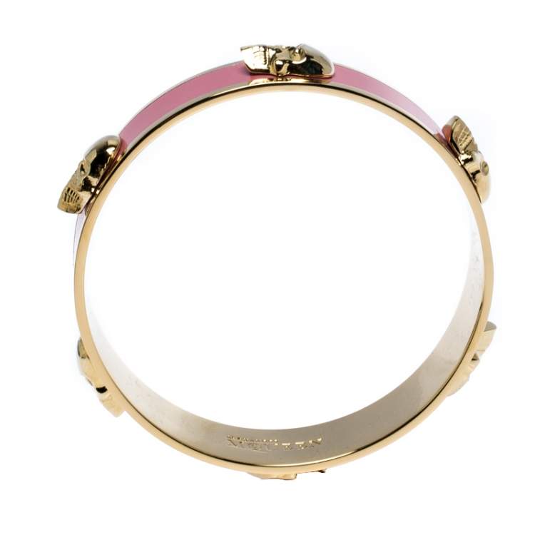 Pre Owned Alexander McQueen Pink Enamel Skull Gold Tone Bangle Bracelet