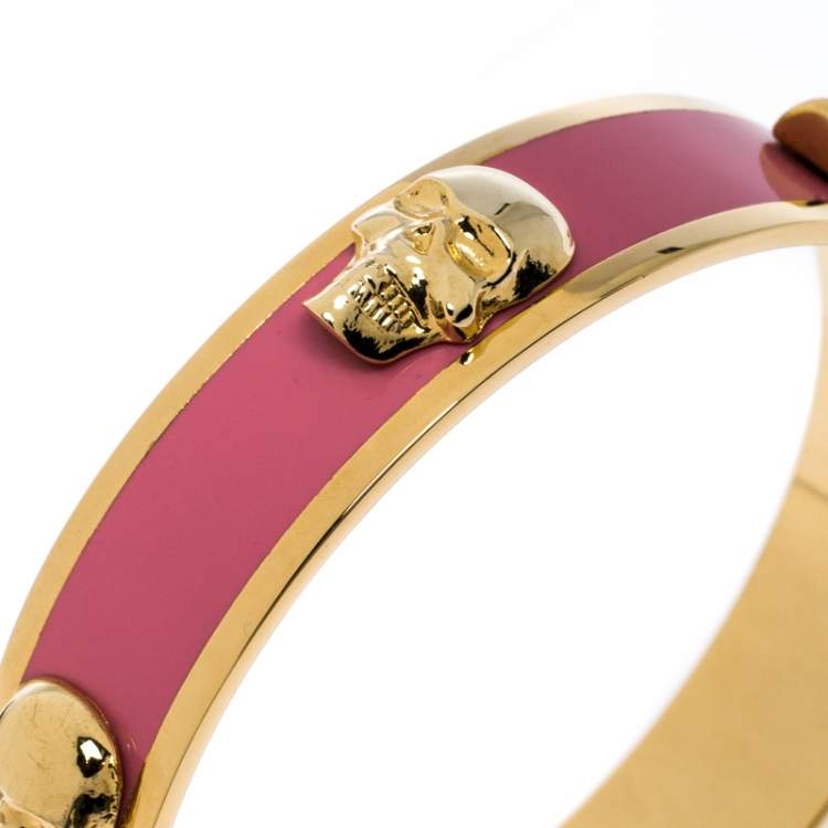 Pre Owned Alexander McQueen Pink Enamel Skull Gold Tone Bangle Bracelet