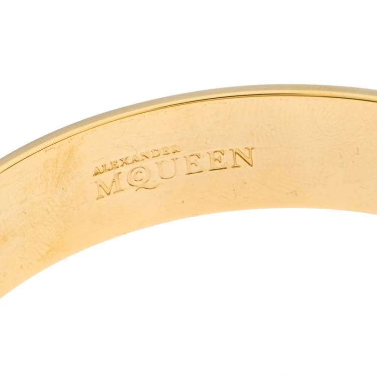 Pre Owned Alexander McQueen Pink Enamel Skull Gold Tone Bangle Bracelet