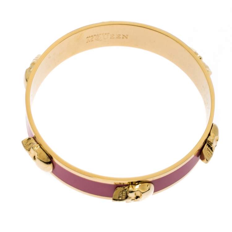 Pre Owned Alexander McQueen Pink Enamel Skull Gold Tone Bangle Bracelet