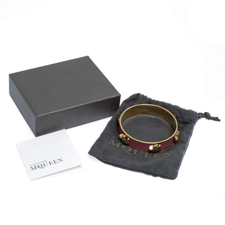 Pre Owned Alexander McQueen Pink Enamel Skull Gold Tone Bangle Bracelet