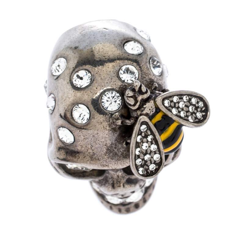 Pre Owned Alexander McQueen Bee Crystal Studded Skull Silver Tone Ring Size 52