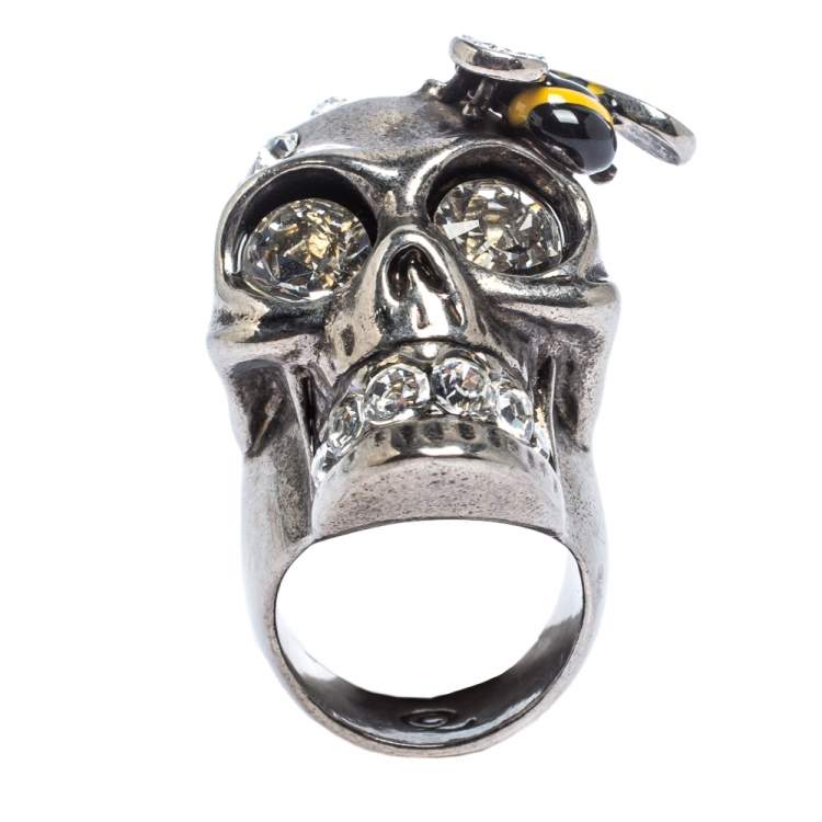Pre Owned Alexander McQueen Bee Crystal Studded Skull Silver Tone Ring Size 52