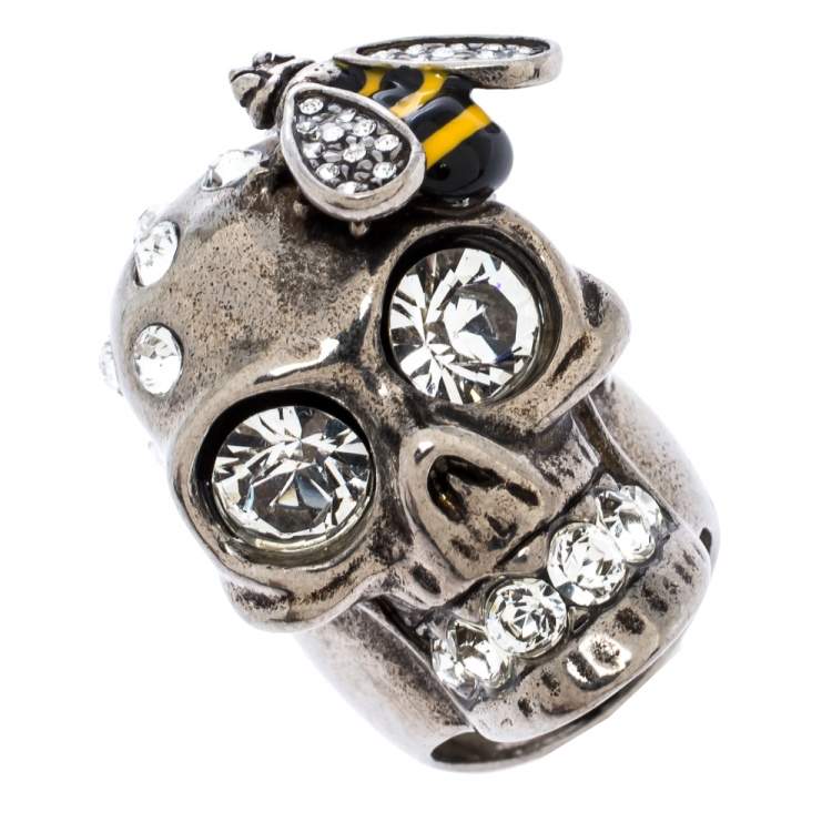 Pre Owned Alexander McQueen Bee Crystal Studded Skull Silver Tone Ring Size 52