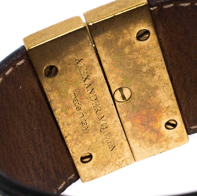 Pre Owned Alexander McQueen Gated Skull Gold Tone Leather Wide Bracelet