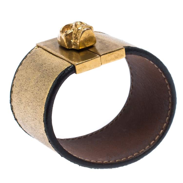 Pre Owned Alexander McQueen Gated Skull Gold Tone Leather Wide Bracelet