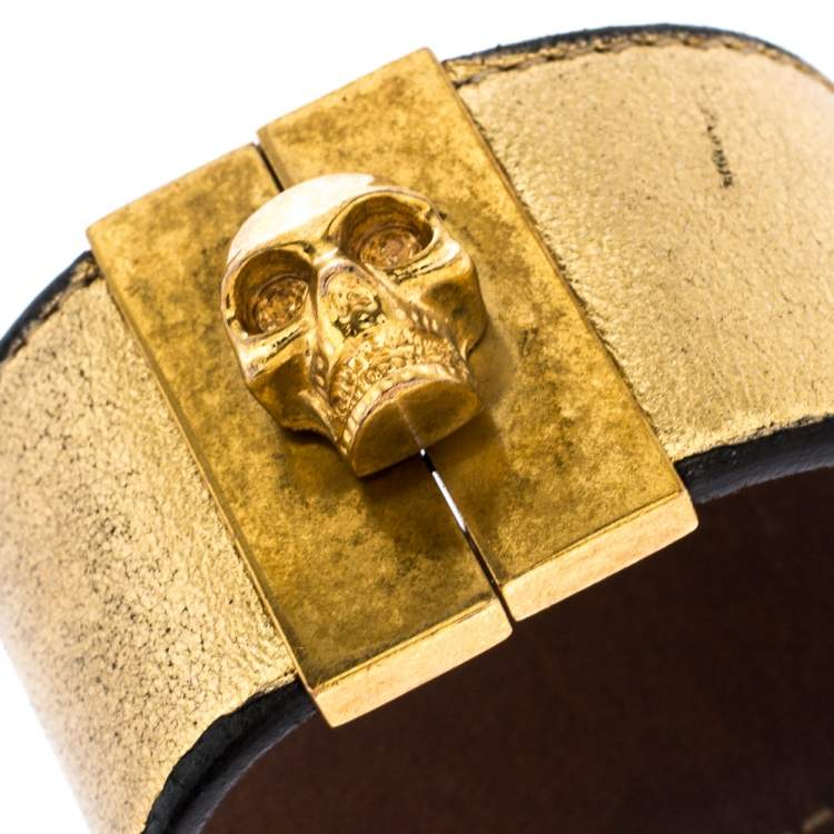 Pre Owned Alexander McQueen Gated Skull Gold Tone Leather Wide Bracelet