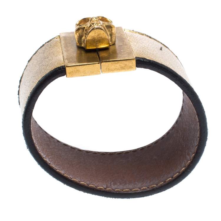 Pre Owned Alexander McQueen Gated Skull Gold Tone Leather Wide Bracelet