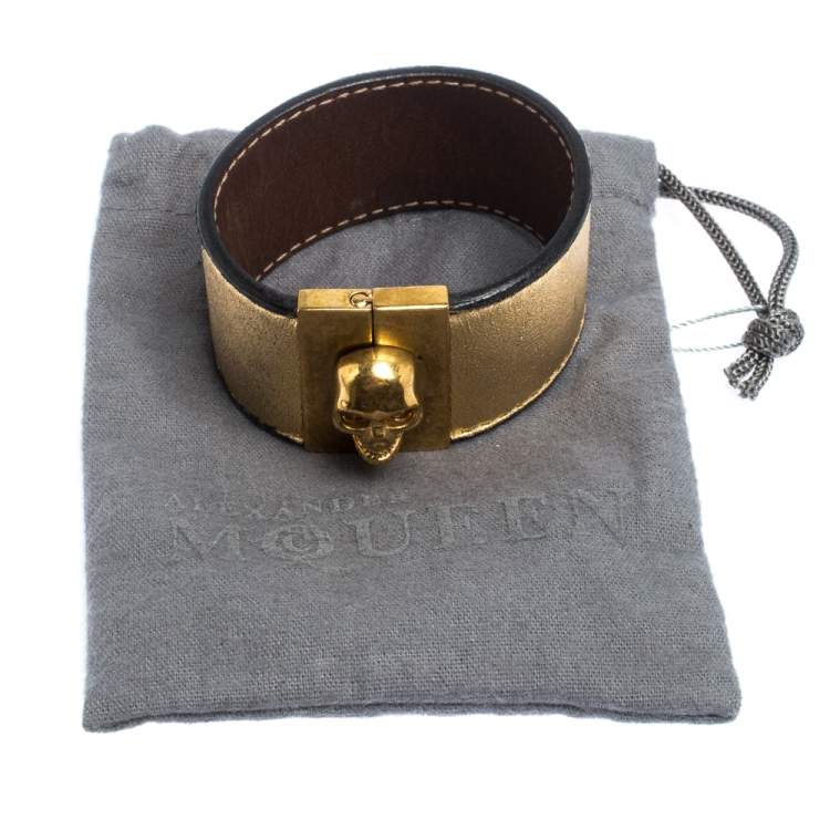 Pre Owned Alexander McQueen Gated Skull Gold Tone Leather Wide Bracelet