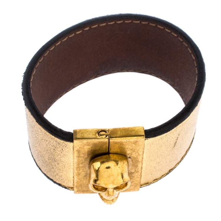 Pre Owned Alexander McQueen Gated Skull Gold Tone Leather Wide Bracelet