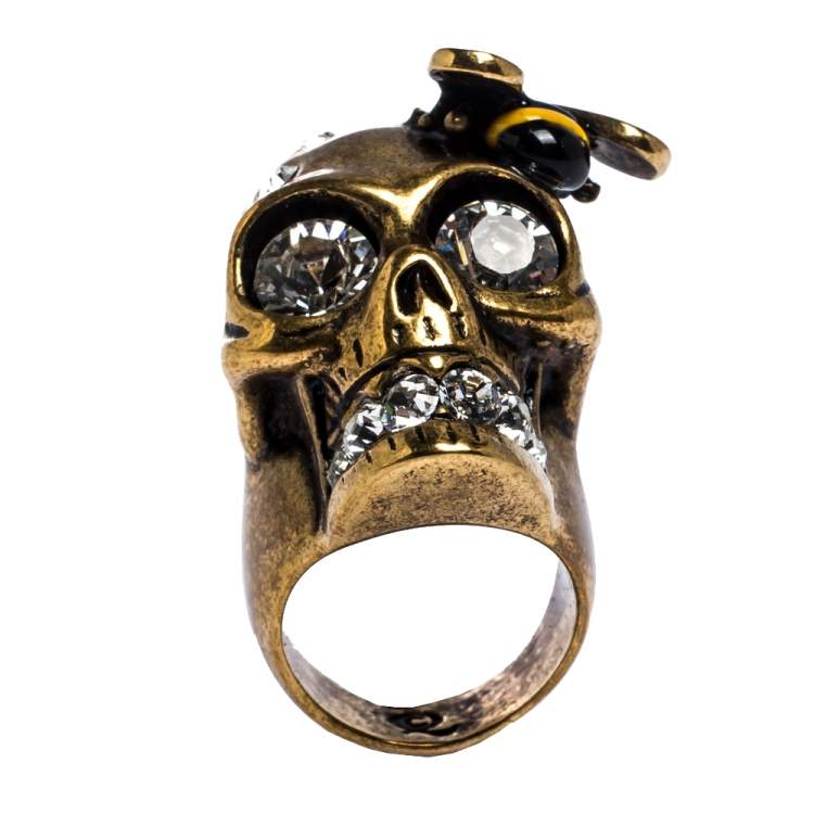 Pre Owned  Alexander McQueen Gold Tone Crystal Skull and Bee Cocktail Ring Size EU 54.5