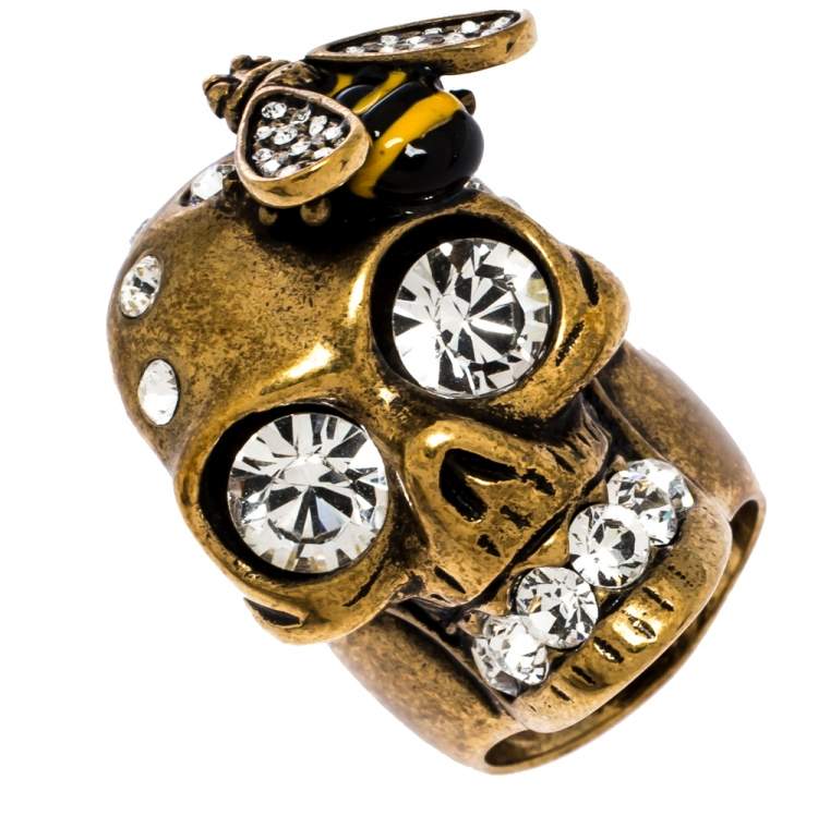 Pre Owned  Alexander McQueen Gold Tone Crystal Skull and Bee Cocktail Ring Size EU 54.5