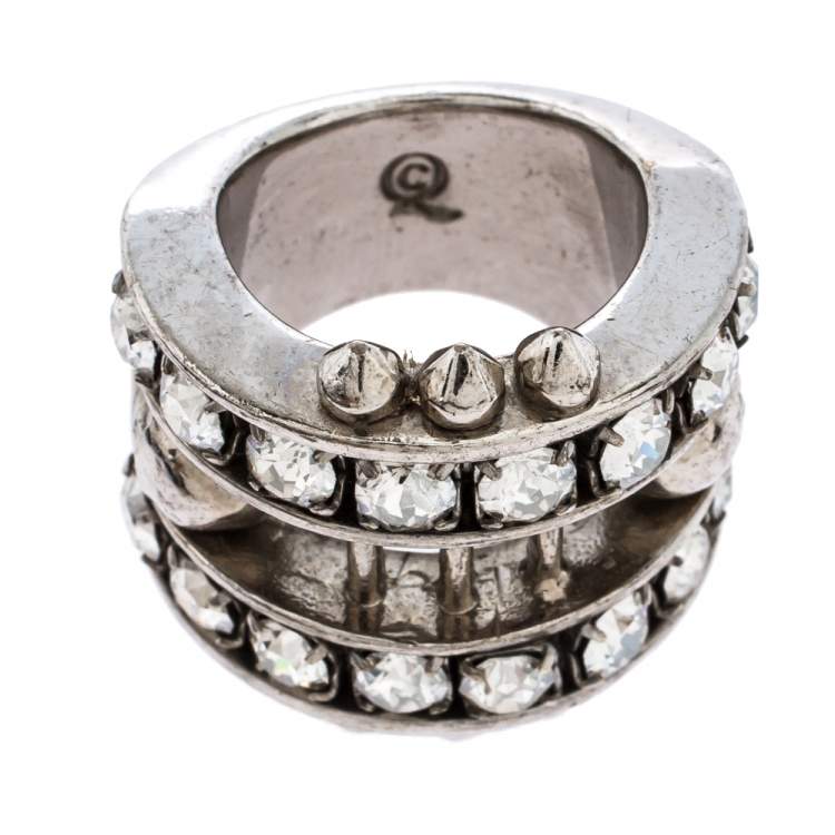 Pre Owned Alexander McQueen Skull Crystal Silver Tone Cocktail Ring Size 52.5