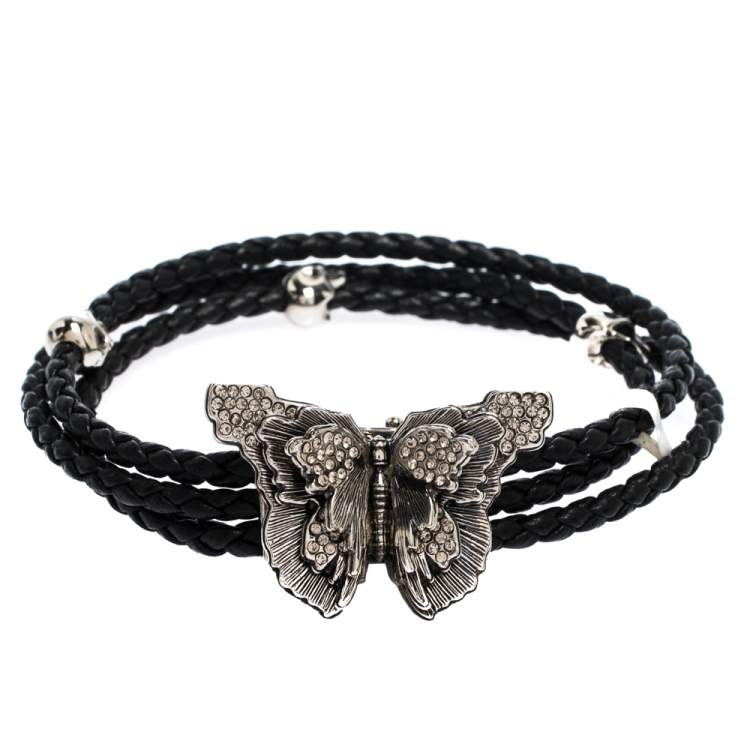 Download Alexander Mcqueen Crystal Butterfly Charm Black Braided Leather Layered Bracelet Alexander Mcqueen Tlc