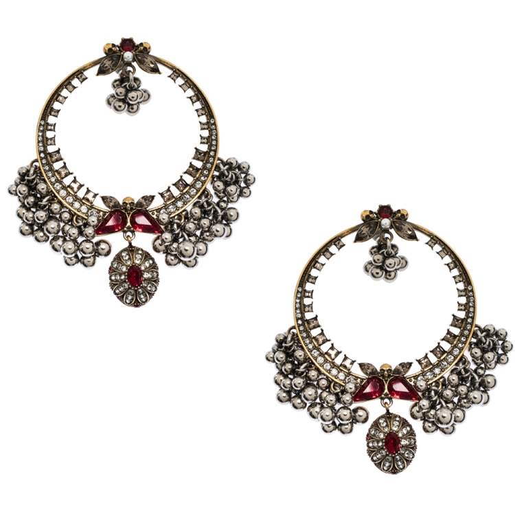Pre Owned Alexander McQueen Creole Crystal Embellished Metallic Sphere Hoop Earrings