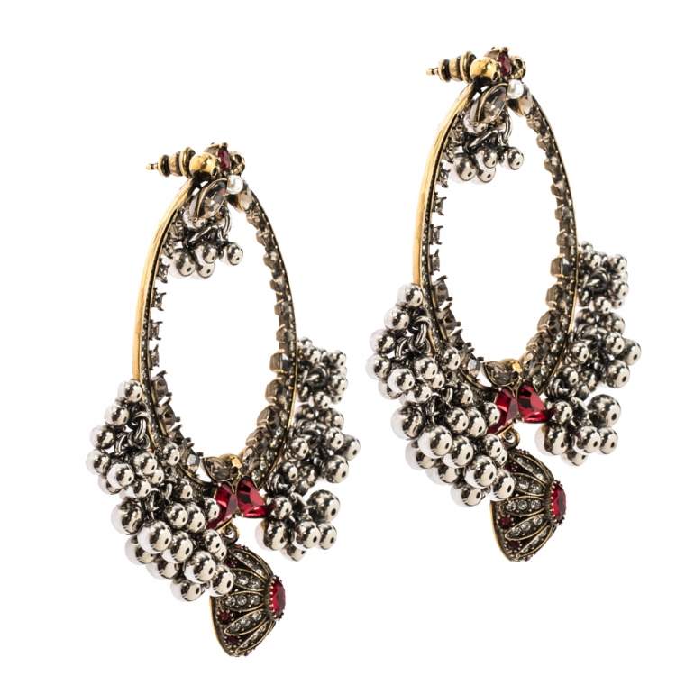 Pre Owned Alexander McQueen Creole Crystal Embellished Metallic Sphere Hoop Earrings