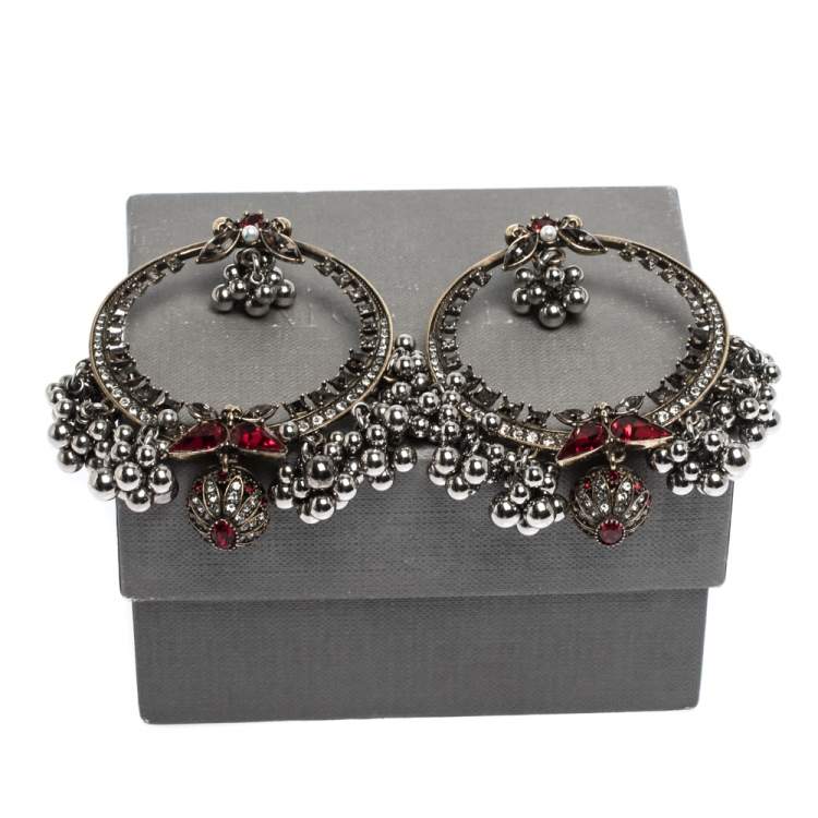Pre Owned Alexander McQueen Creole Crystal Embellished Metallic Sphere Hoop Earrings