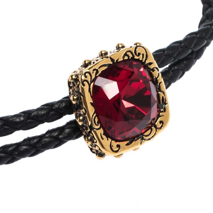 Pre Owned Alexander McQueen Crystal Skull Gold Tone Leather Adjustable Bracelet