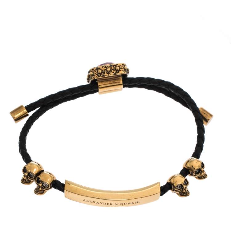 Pre Owned Alexander McQueen Crystal Skull Gold Tone Leather Adjustable Bracelet