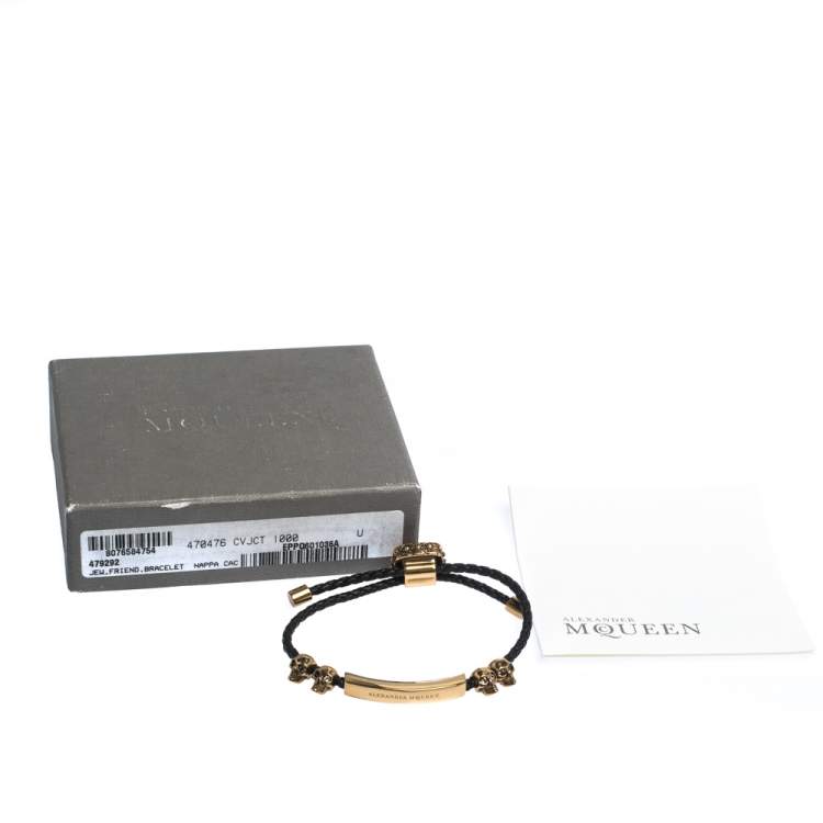 Pre Owned Alexander McQueen Crystal Skull Gold Tone Leather Adjustable Bracelet