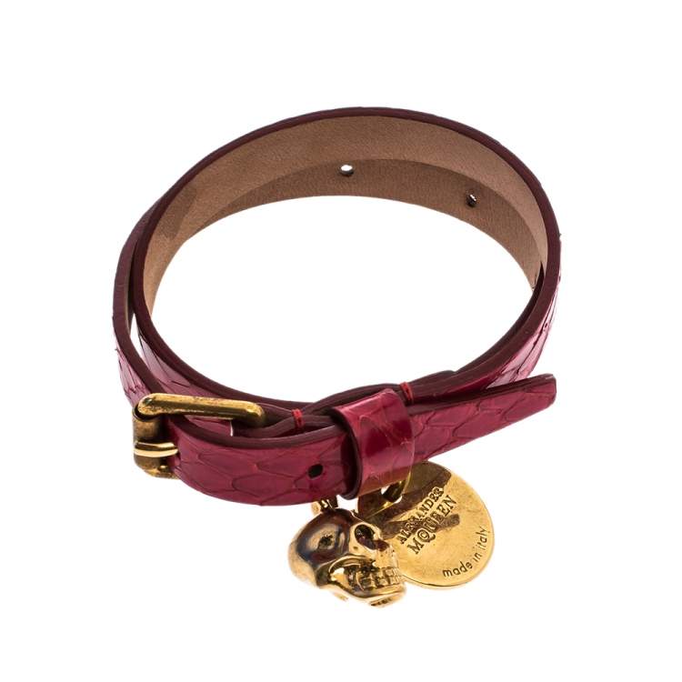 Pre Owned Alexander McQueen Snakeskin Leather Gold Tone Skull Charm Wrap Bracelet