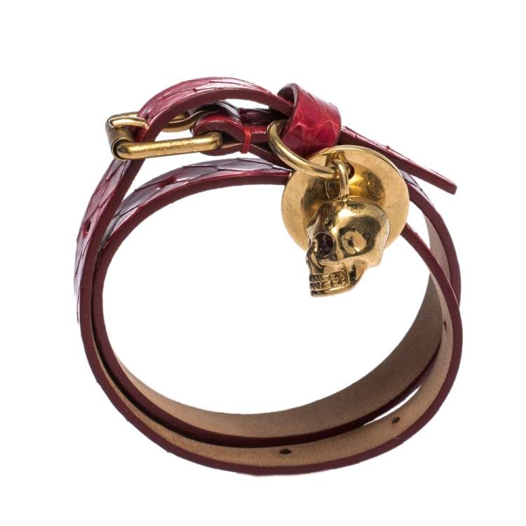Pre Owned Alexander McQueen Snakeskin Leather Gold Tone Skull Charm Wrap Bracelet
