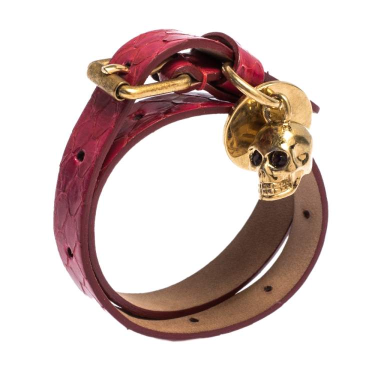 Pre Owned Alexander McQueen Snakeskin Leather Gold Tone Skull Charm Wrap Bracelet