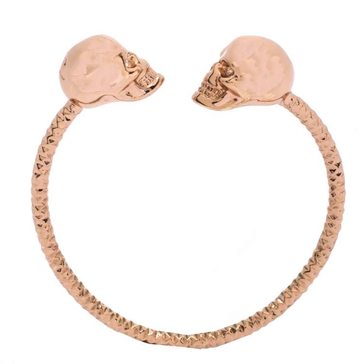 Pre Owned Alexander McQueen Twin Skull Crystal Rose Gold Tone Open Cuff Bracelet