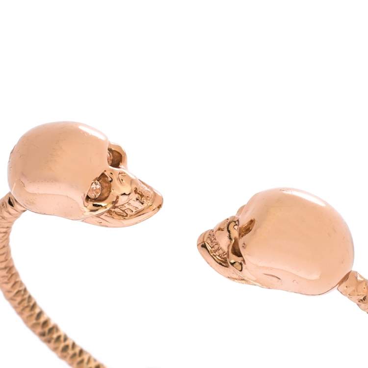Pre Owned Alexander McQueen Twin Skull Crystal Rose Gold Tone Open Cuff Bracelet