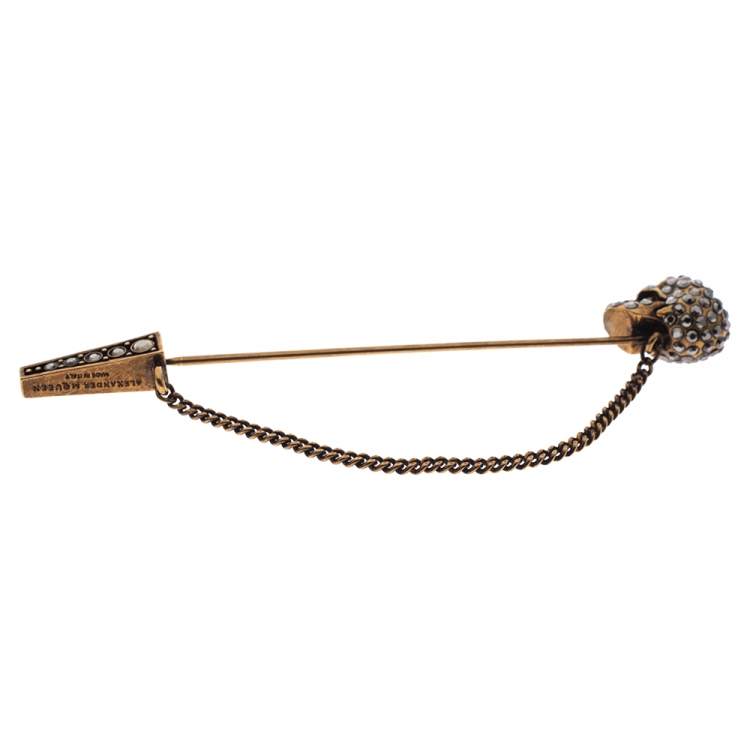 Pre Owned Alexander McQueen Crystal Studded Skull Chain Stick Brooch