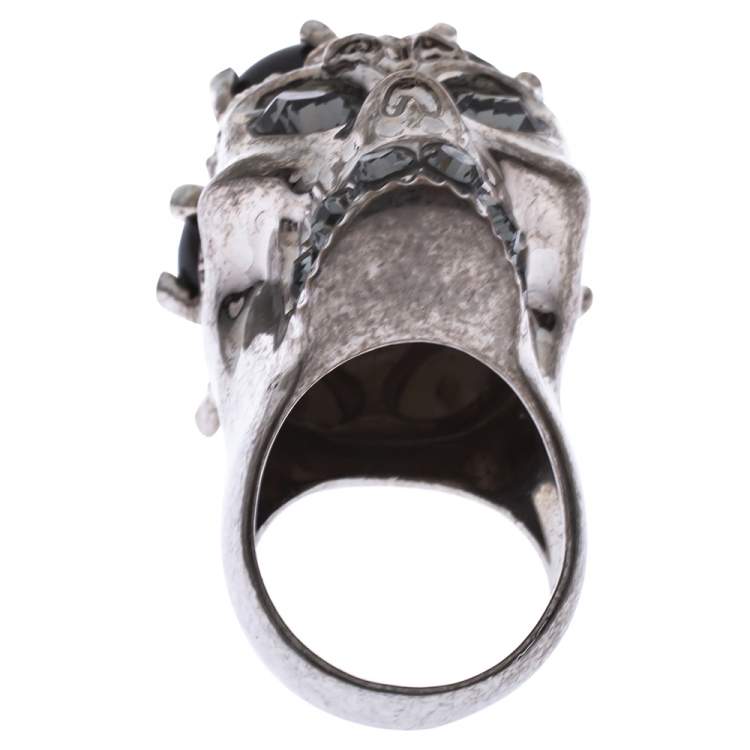 Pre Owned Alexander McQueen Skull Embellished Silver Tone Cocktail Ring Size 56