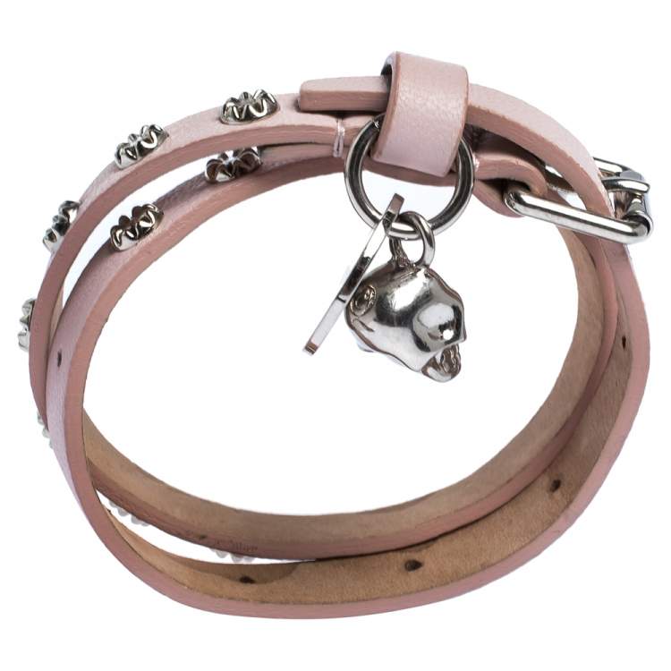 Pre Owned Alexander McQueen Light Pink Leather Skull Wrap Bracelet