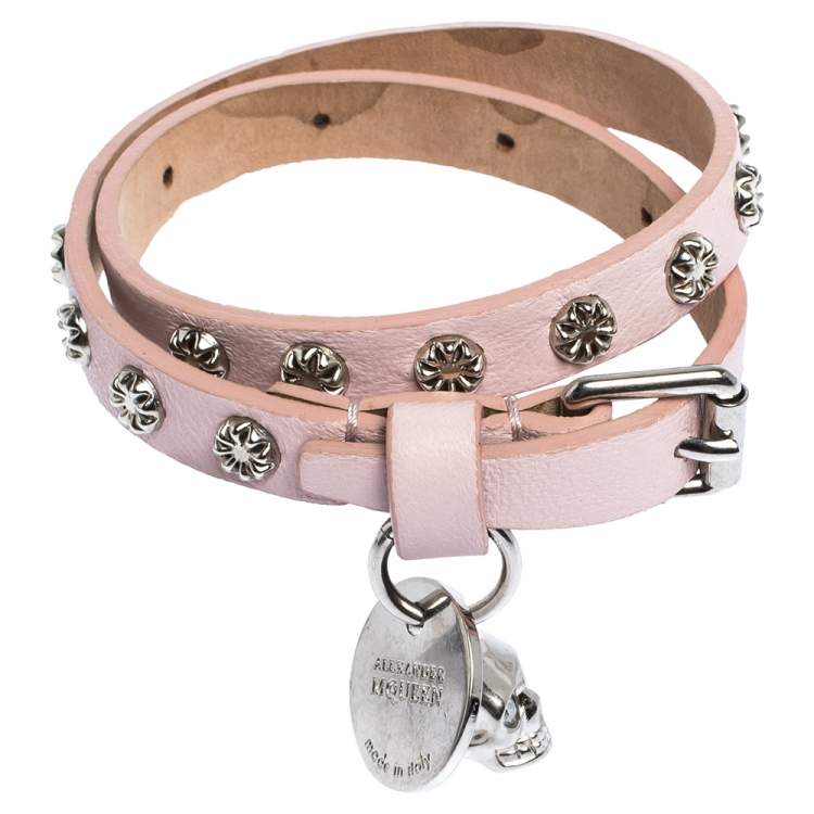 Pre Owned Alexander McQueen Light Pink Leather Skull Wrap Bracelet