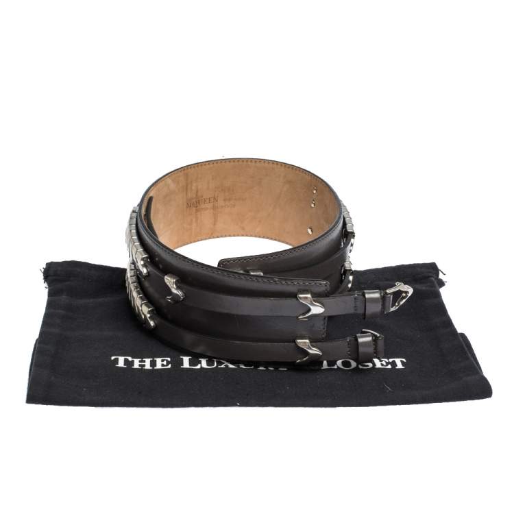 Pre Owned Alexander McQueen Grey Metal Detail Leather Double Buckle Waist Belt 75CM