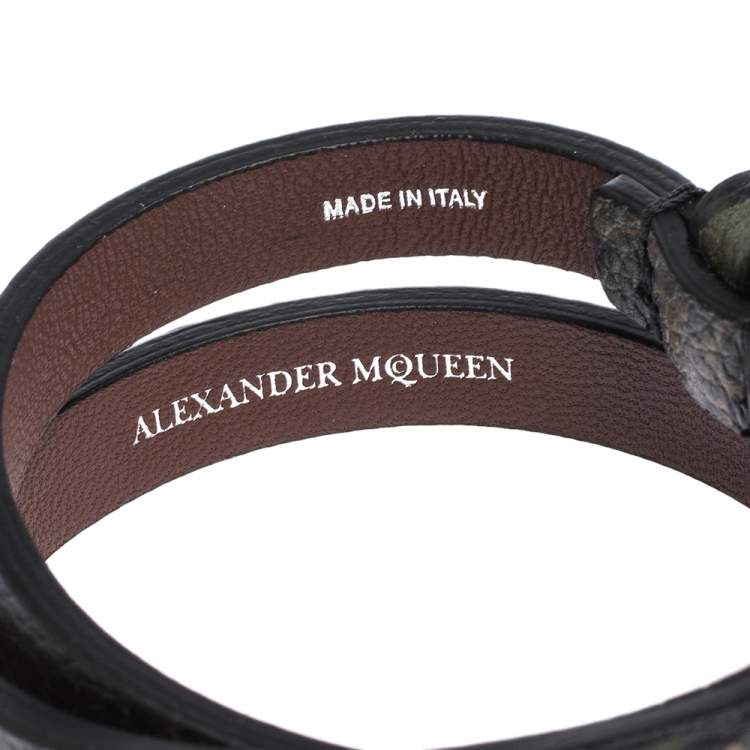 Pre Owned Alexander McQueen Skull Charm Leather Silver Tone Double Wrap Bracelet