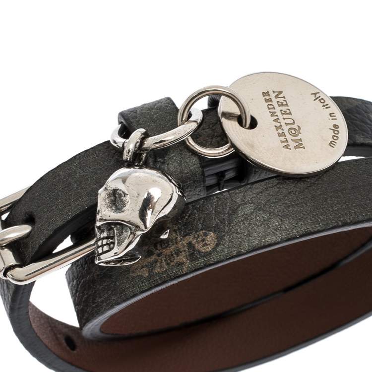 Pre Owned Alexander McQueen Skull Charm Leather Silver Tone Double Wrap Bracelet