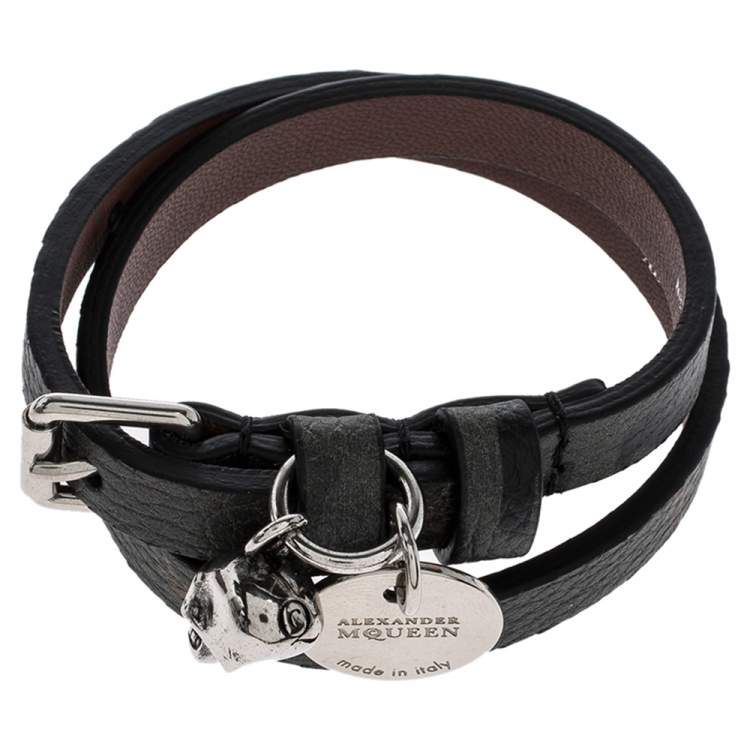 Pre Owned Alexander McQueen Skull Charm Leather Silver Tone Double Wrap Bracelet