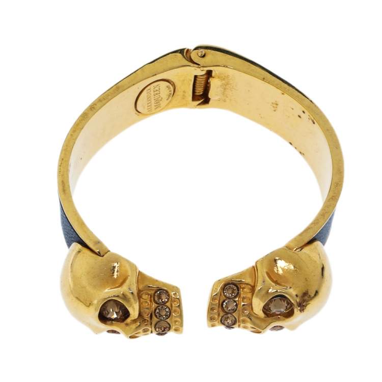 Pre Owned Alexander McQueen Black Leather Crystal Double Skull Open Cuff Bracelet