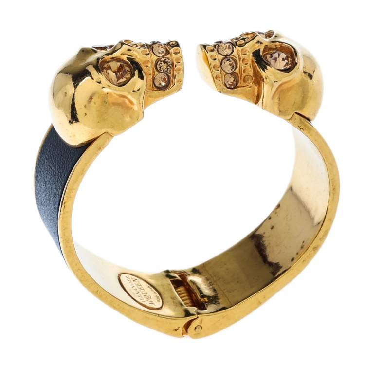 Pre Owned Alexander McQueen Black Leather Crystal Double Skull Open Cuff Bracelet